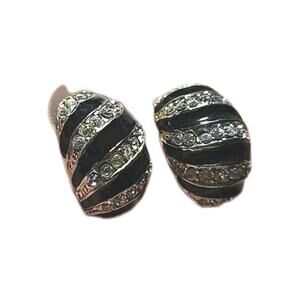 Vtg‎ Silver Tone Black Enamel Rhinestone Old Hollywood Glam Earrings Jewelry